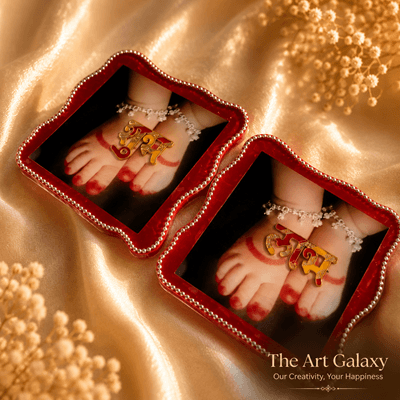 Baby footprint preserved in resin with shubh labh motif as a family keepsake