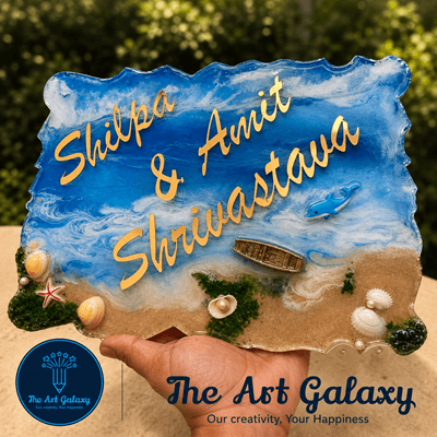 Compact handheld resin table-top nameplate with ocean-themed pour and gold lettering