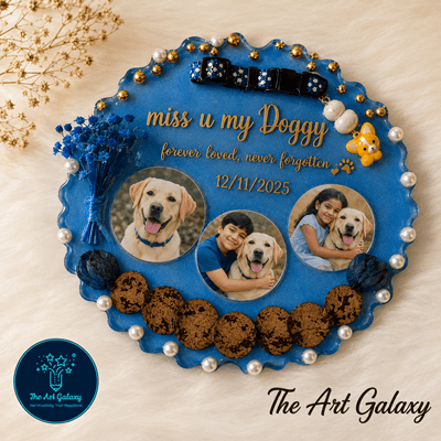Pet memory keepsake with paw print and collar preserved in handmade resin art