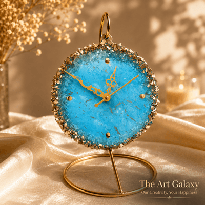 Handmade resin table standing clock with swirled gold and white pour finish