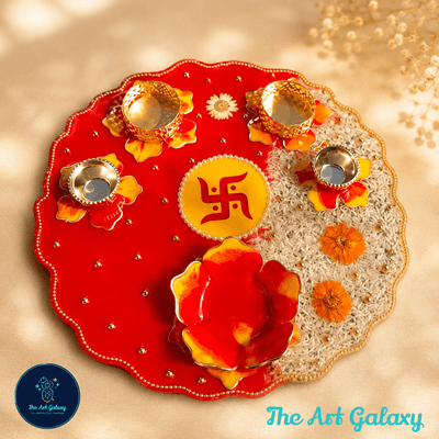Handmade resin pooja thali with floral inlay and gold rim for daily worship