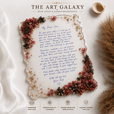 Handwritten letter preserved in a resin frame with dried flowers Handwritten letter preserved in a resin frame with dried flowers
