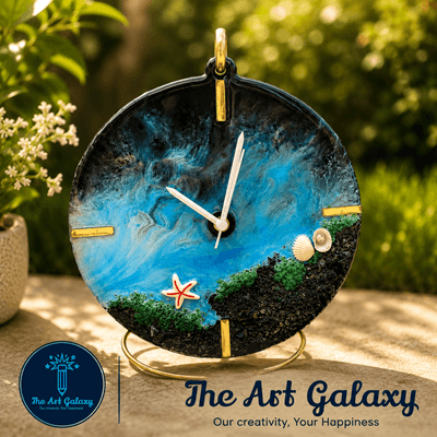Ocean themed handmade resin table clock with blue and white wave pour