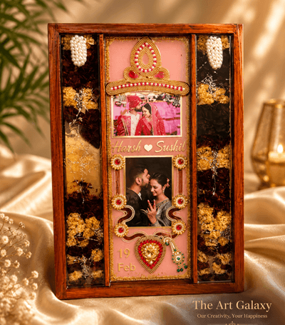 Premium varmala preservation frame combining wedding card and garland flowers in resin