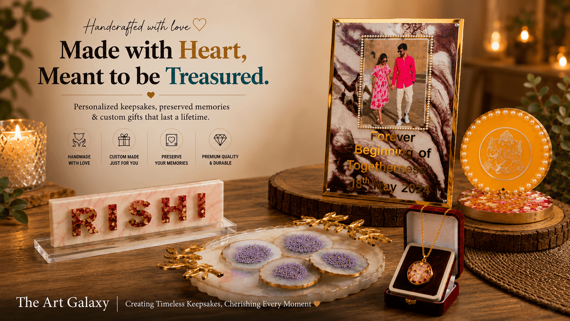 Handmade resin nameplate, coaster tray and preserved rose pendant displayed on a wooden table