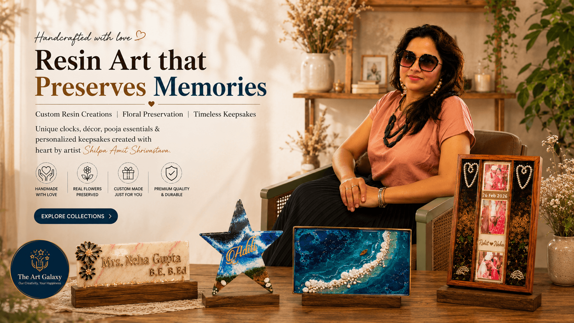 Resin artist Shilpa Amit Shrivastava seated beside handmade resin nameplates and wedding frames