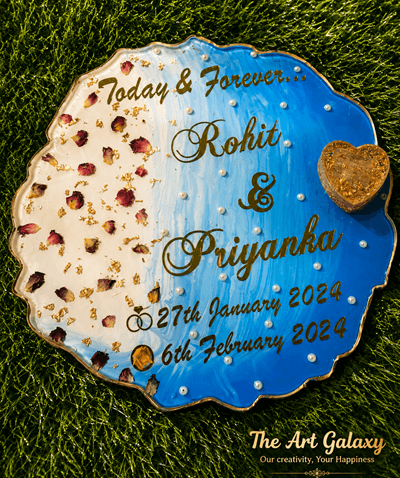 Decorative handmade resin engagement ring platter with gold detailing