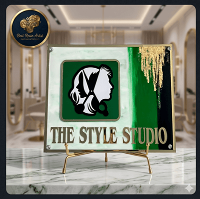 Custom resin brand display board with business logo for a salon and parlour