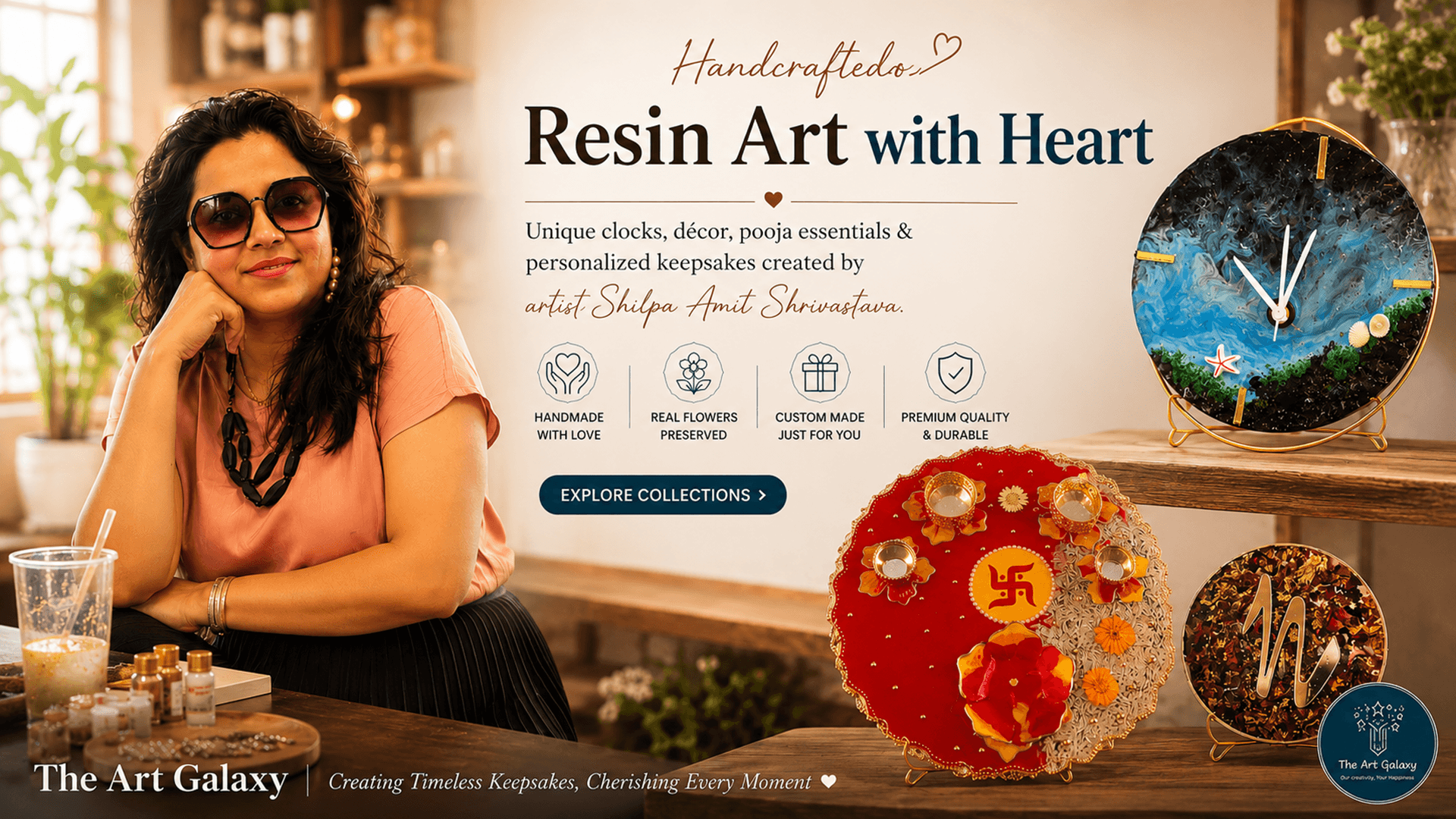 The Art Galaxy studio display of custom resin clocks, frames and preserved flower keepsakes