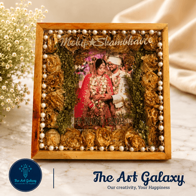 Wedding varmala preserved in a 12x12 inch resin frame with teak wood border
